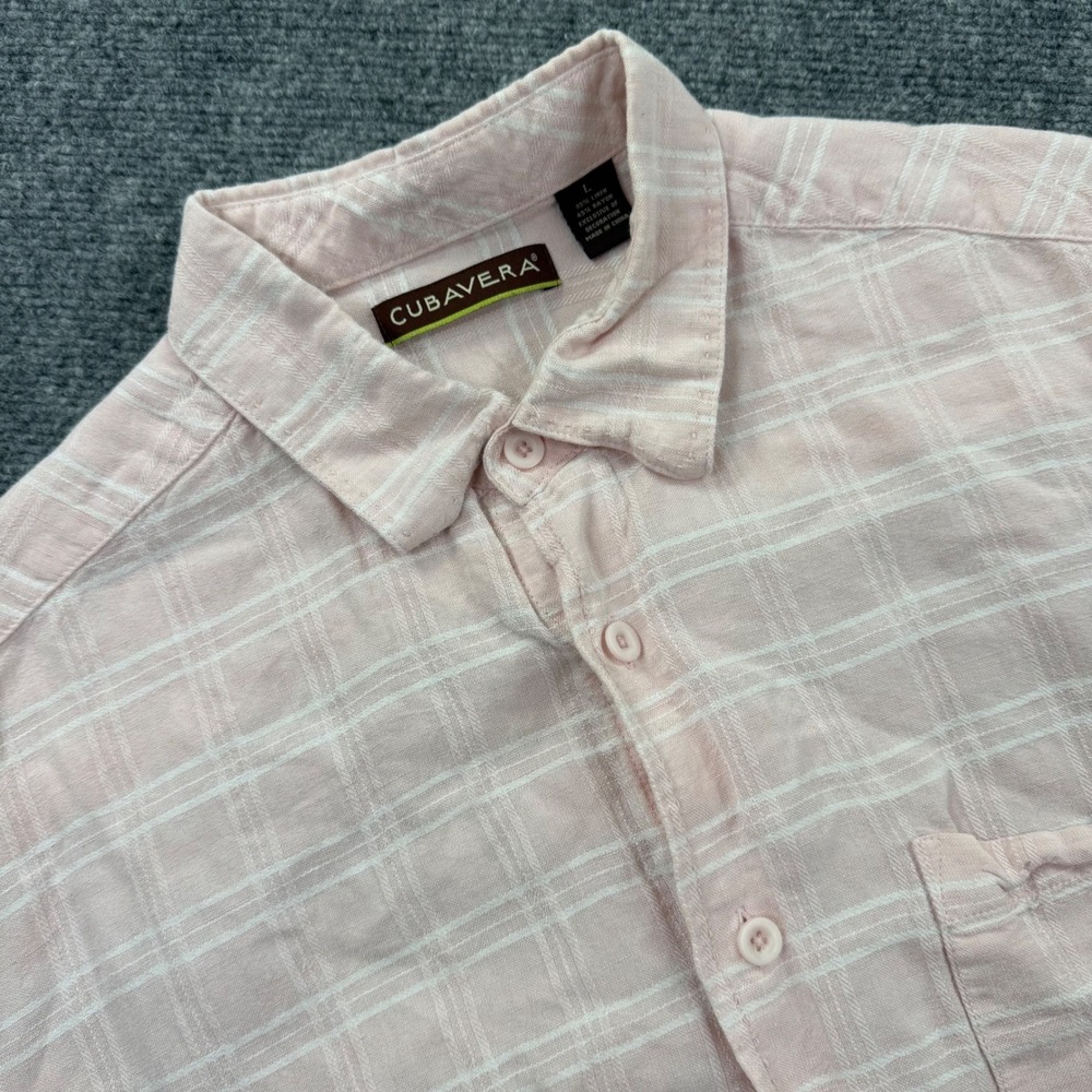 Cubavera Button Up Shirt Large Pink Plaid Linen Blend Short Sleeve Mens